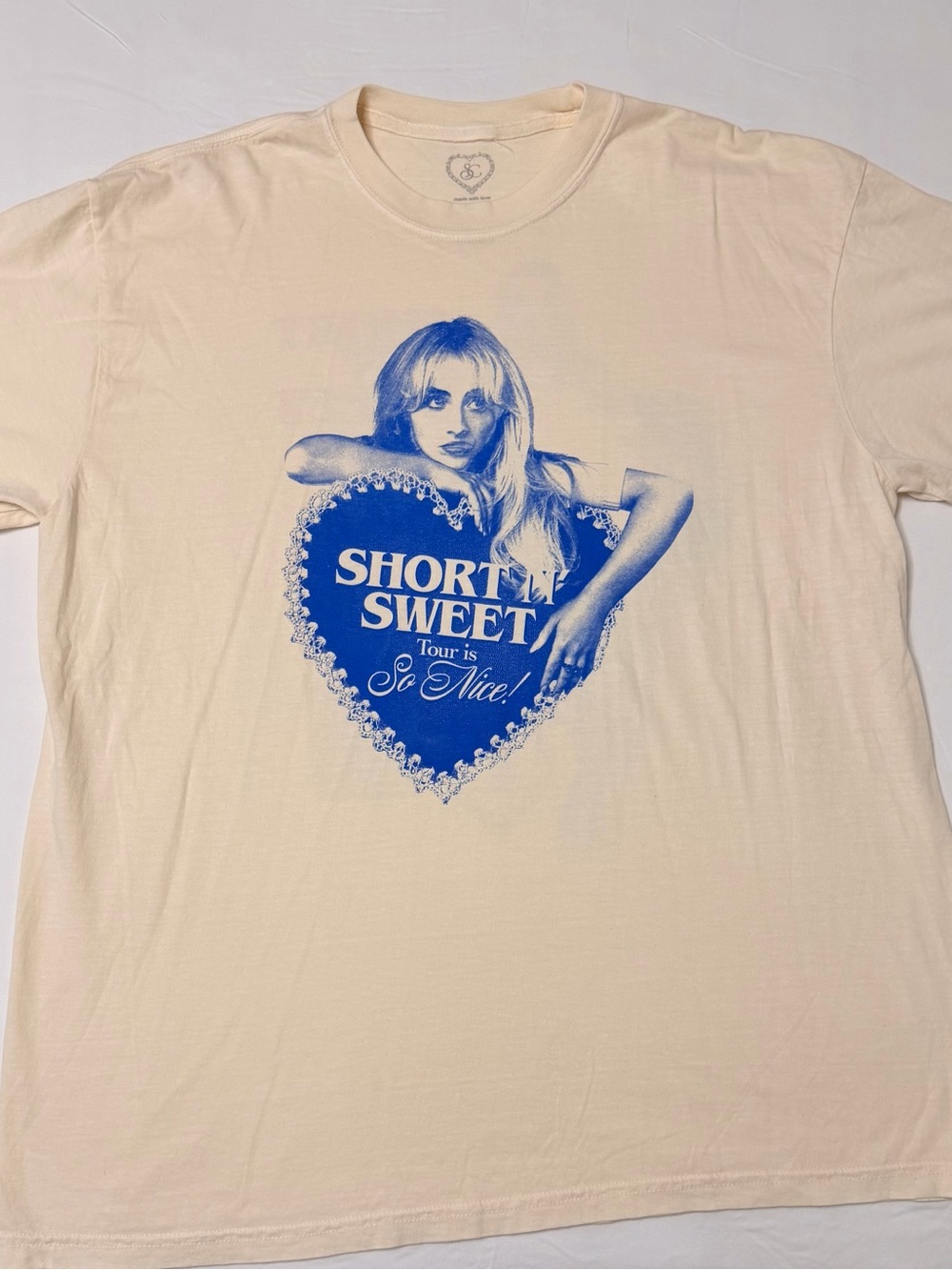 Short & Sweet Tour Tee — Cream with Blue Graphic